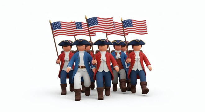 Happy Patriots' Day A spirited cartoon brigade of historical figures in colonial attire marches forward with American flags, embodying national pride and heritage