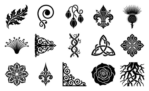 Gothic Woodcut Botanical Ornaments Graphic Set for Heraldic Design and Medieval Scrapbooking