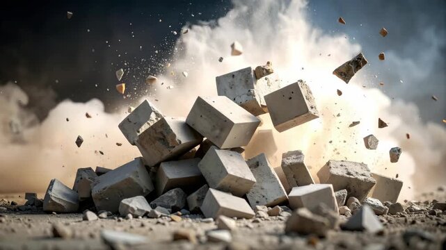 Crashing concrete blocks explosion debris dust cloud motion abstract