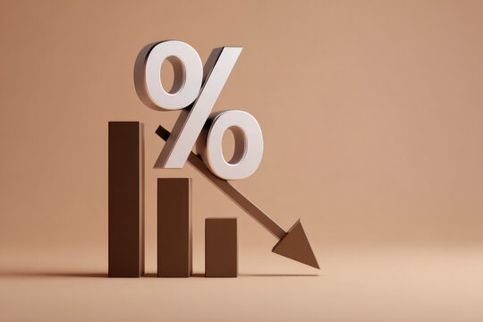 Percent symbol with descending bars and arrow on neutral background, financial decline, interest rate decrease, loss and economic downturn concept
