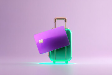Travel payment technology concept with suitcase and bank card. Cashless tourism, digital finance, smart luggage and modern global mobility.