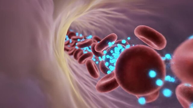 Glowing particles traveling through blood vessel with red cells showing drug delivery circulation and medical science healthcare visualization