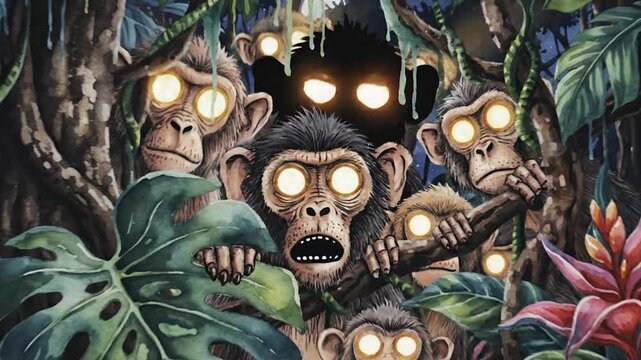 A dark monkey looms amidst a jungle, surrounded by other primates with glowing eyes