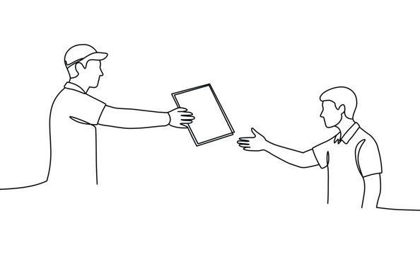 Courier handing cardboard box to customer continuous line art drawing for logistic service
