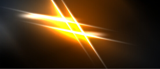 Naklejka premium Bright light streaks intersect dark background. Golden hues dominate, creating dynamic visual effect. Energy radiates from central point.