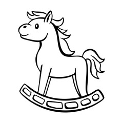 hand drawn rocking horse line art simple nursery toy illustration with curved mane and tail, rounded rocker