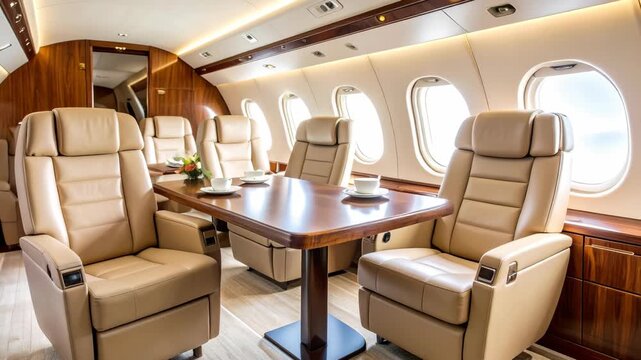 Luxury private jet interior with comfortable leather seats and polished wood cabin details