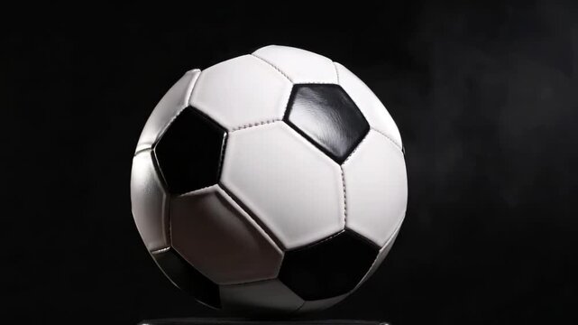 Classic black and white soccer ball centered against a dark background with subtle smoke