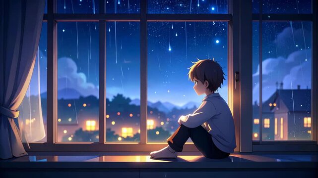 Anime boy looking out window at meteor shower on rainy night with city lights