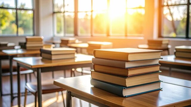 Stack of old books on a wooden desk in an empty classroom with sunlight streaming through windows