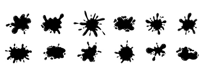 Black smooth ink shiny blob form set. Splash with glossy drops, round abstract shapes silhouette liquid. Soft fluid organic puddle border, frame. Current drops. Ink Paint fall down liquid.