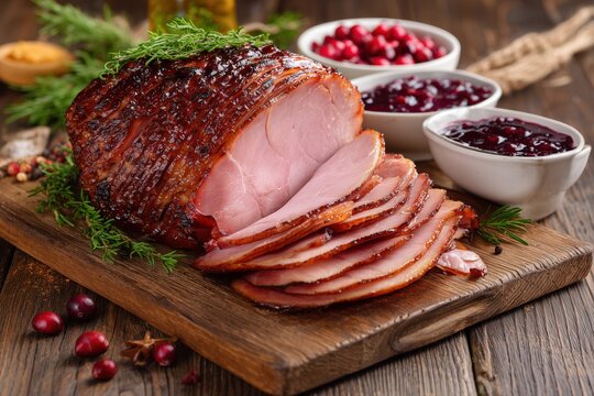 Sliced ham with spices and cranberry sauce on a wooden board for an easter dinner.