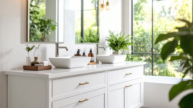 Modern bathroom with double vessel sinks and large windows overlooking lush greenery