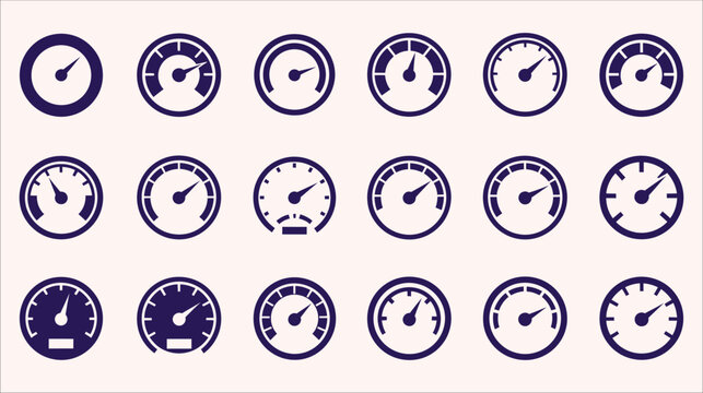 Collection of dark blue circular gauge icons showing varying levels of scale detail and needle positions for data monitoring.