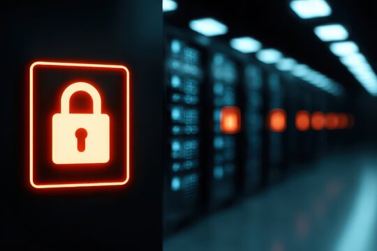 A secure server runs a database where query execution reaches protected storage supported by encryption backup and integrity checks