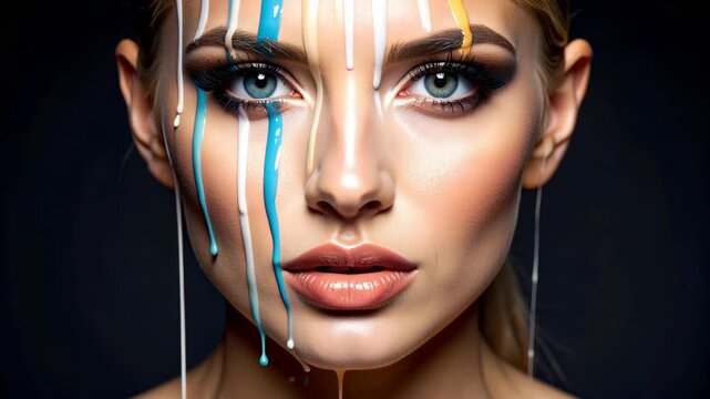 Woman with colorful paint dripping down her face, dramatic makeup, abstract beauty portrait