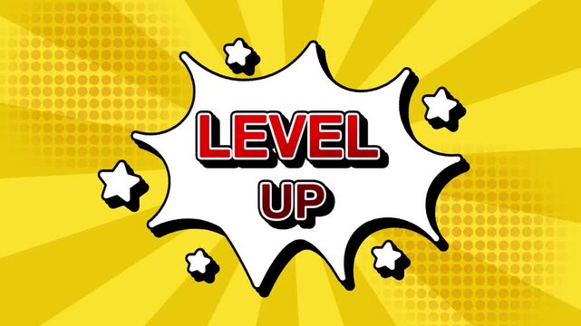 level up text word lettering popup comic cartoon reveal with bomb and smoke explosion manga anime book page dots with radial speed lines doodle yellow background with seamless loop animation retro