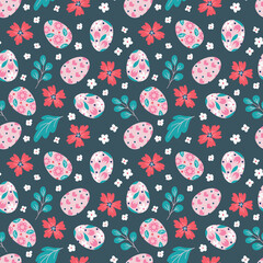Spring seamless pattern with Easter eggs and spring flowers