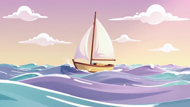 Cartoon sailboat sailing on ocean waves at colorful sunset
