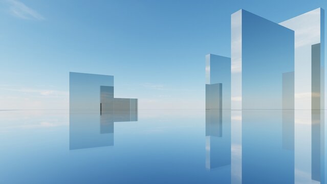 Abstract Geometry Background, Metallic Or Glass Geometric Shape on Water Surface, Surreal Building, Minimal Architectural Design, 3D Rendering