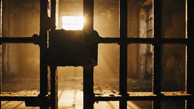 Sunlight Streams Through Bars of an Empty, Grimy Prison Cell