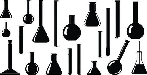Laboratory glassware silhouettes collection including beakers flasks and test tubes, chemistry science equipment set, black and white vector illustration