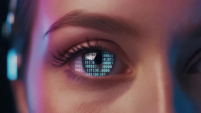 Close Up of Woman's Face with Data Displayed in Eye on Black Background
