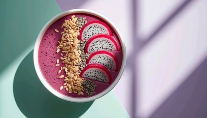 Top view of acai smoothie bowl with dragon fruit and granola, healthy breakfast on pastel mint and lilac background, hard morning sunlight with window shadows, candid professional food photography
