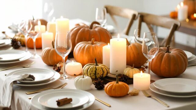 Festive autumn table setting with pumpkins, candles, and place settings for a meal