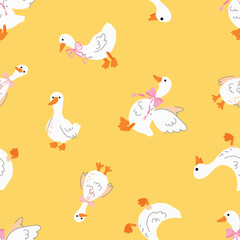 Seamless Pattern of Cute Geese with Pink Bows. Design for fabric, textiles, wallpaper, packaging	