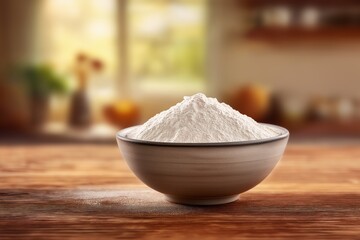 Fototapeta premium Bowl of white flour placed on wooden table with blurred kitchen background featuring soft lighting and decorative elements in a cozy home setting
