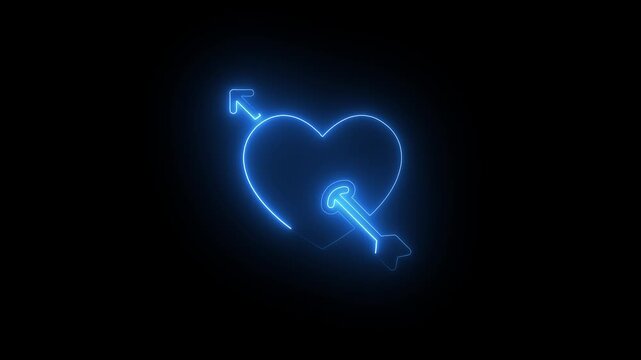 Glowing blue neon heart shape with electric light effect on black background for love romance and technology concept