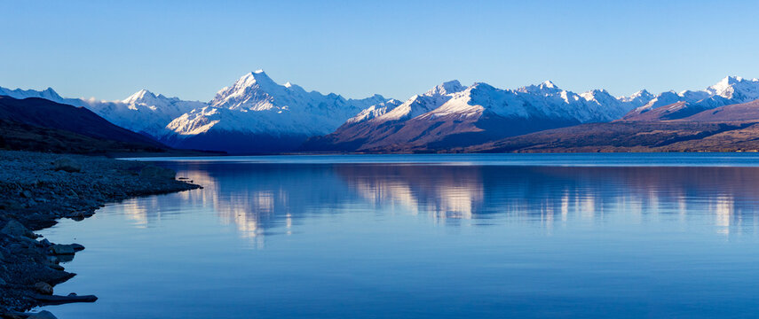 Reflection of Mt Cook on still lake, New Zealand, south island