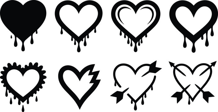 Black dripping heart silhouettes and arrow set, edgy stencil vector collection for Valentine Day, street art style romantic icons, gothic heart shapes.