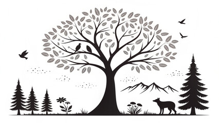 Obraz premium A serene landscape with a tree and animals in nature