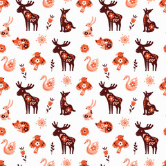 Folk Art Animals and Flowers Seamless Pattern. Scandinavian traditional motif