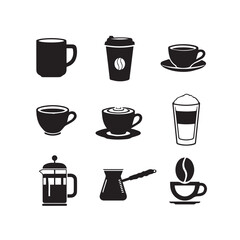 Coffee Drinks Icons Set: Mug, Cup, French Press, Cezve, Latte, Espresso, Takeaway Cup