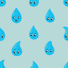 Cute Water Droplet Characters Seamless Pattern. Design for fabric, textile, wallpaper, packaging, website