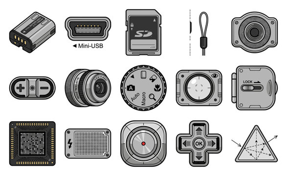 Isometric Digital Camera Hardware Components Graphic Asset Sheet for Electronics Engineering Education