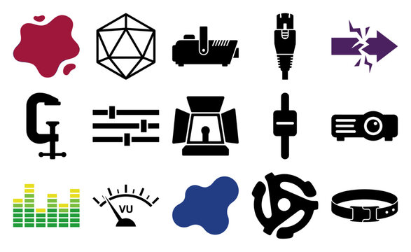 Flat Vector Stage Lighting and Audio Engineering Icon Set for Event Production and Technical Theater Asset Kit