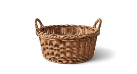 Obraz premium A round, woven, brown basket with two handles, casting a soft shadow on a white backdrop