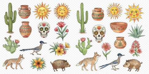 Watercolor illustration set of desert elements including cacti, animals, pottery, and flowers, isolated on white background. © studio