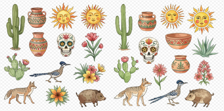 Watercolor illustration set of desert elements including cacti, animals, pottery, and flowers, isolated on white background.