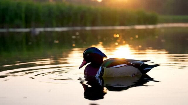 A wild green-headed mallard drake and other waterfowl swimming on the calm lake water, showcasing beautiful feathers and a bright beak in their natural pond habitat