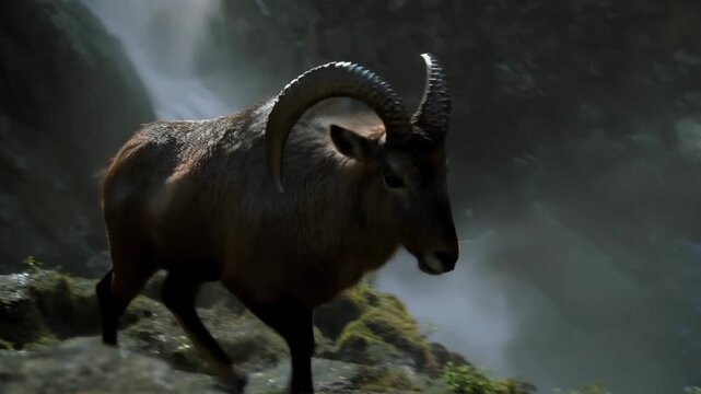 Mountain goat standing on tiny ledge next to thundering waterfall on cliff face. Realistic vertigo-inducing breathtaking adventure media