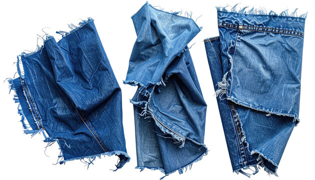 Three crumpled pieces of denim, each with frayed edges and a blue hue