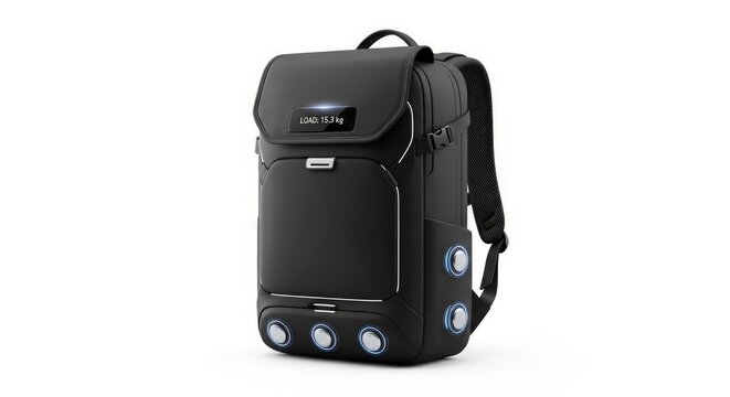 A smart urban backpack with a built-in digital load sensor and touch controls on a white background as a modern technological product. AI generated.