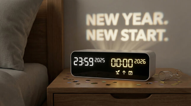 New year concept digital clock bedroom interior night light wooden table new year countdown midnight time glitter confetti modern alarm minimalist design modern digital clock wooden bedside table
