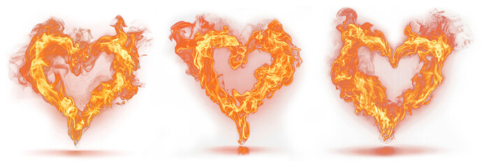 Dynamic Fire Flame Heart Burning Love: A collection of three vibrant, fiery heart shapes glowing intensely against a dark background, symbolizing passion and warmth.