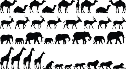 Naklejka premium Black, African, wildlife, animal, silhouettes, collection, including, elephants, giraffes, lions, camels, and, gazelles, isolated, on, white, background, for, creative, designs.